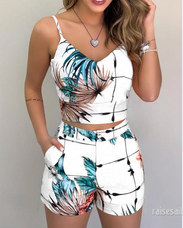 Rs♪-Women Fashion 2-piece Outfit Set Sleeveless Print Top and