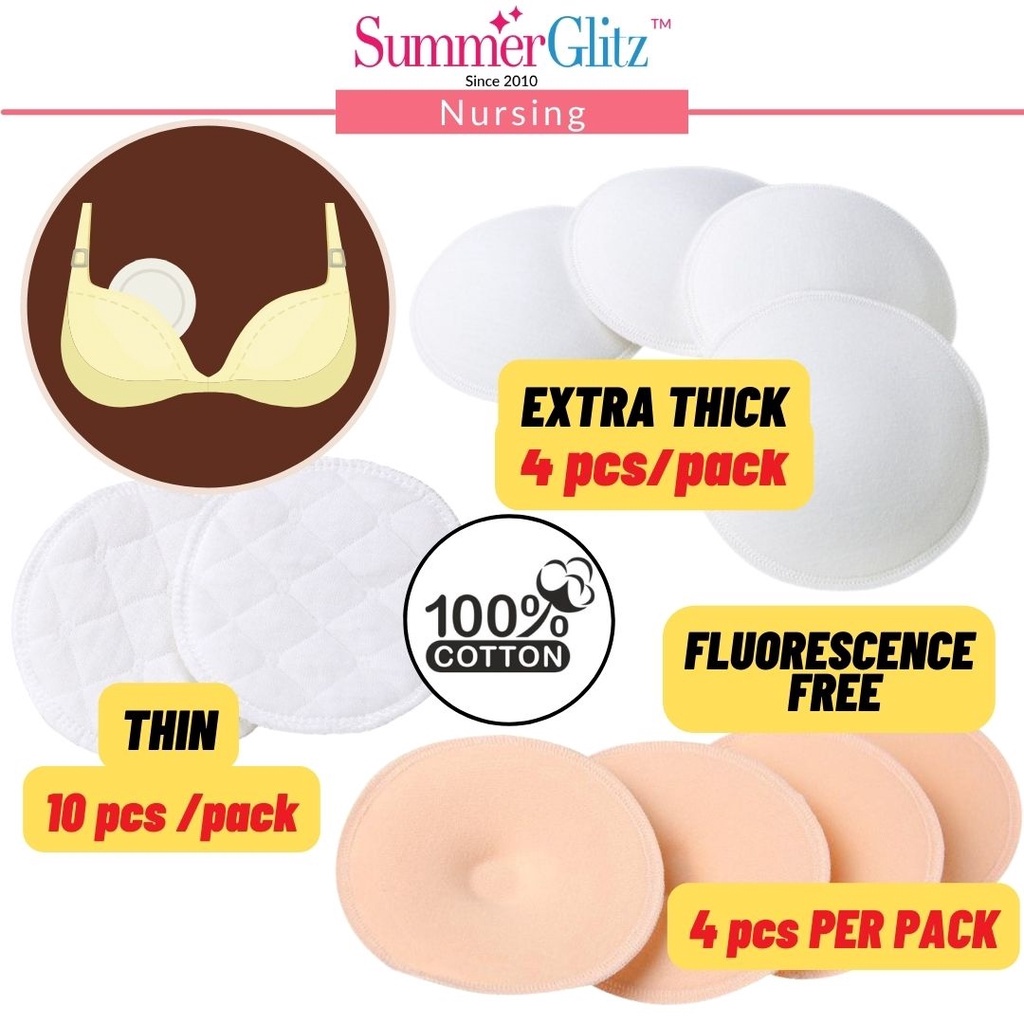 SummerGlitz 100% Cotton Washable Breast Pad 4pcs/10pcs THICK Bra Pad Cups  Sponge Removal Women, Span Bra Ibu Mengandung