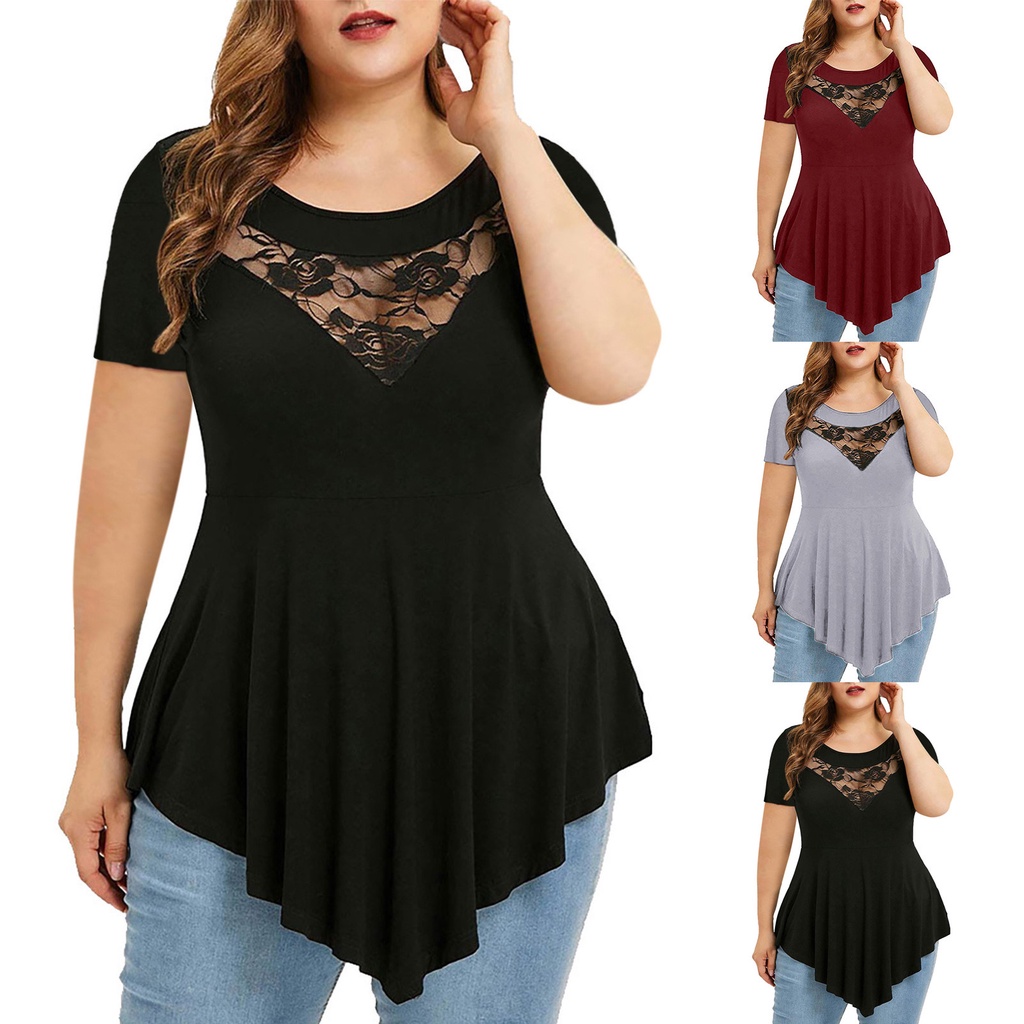 Fashion Womens Plus Size Solid O-Neck Floral Lace Shoulder T-shirt