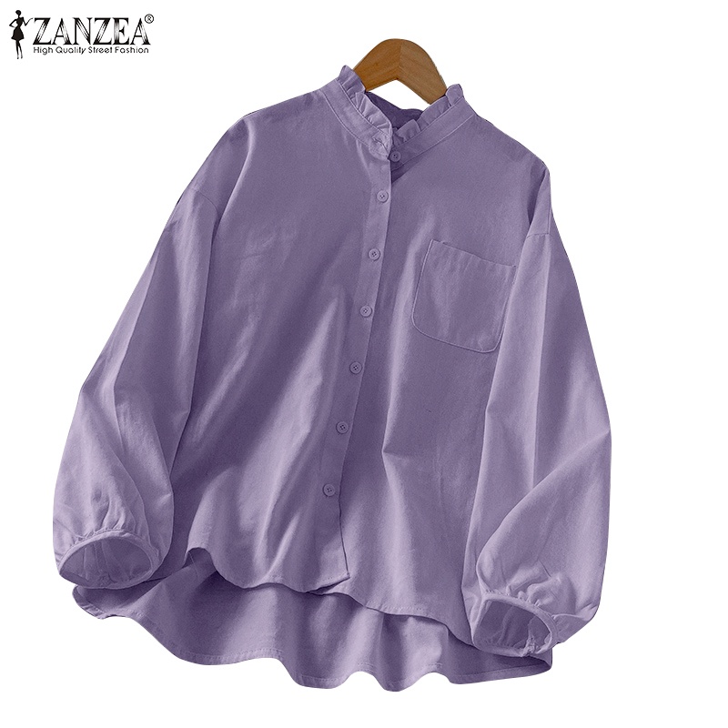 ZANZEA Women's Daily Simple Casual Straight Ruffle Collar Plain Button-up  Comfy Cotton Blouse
