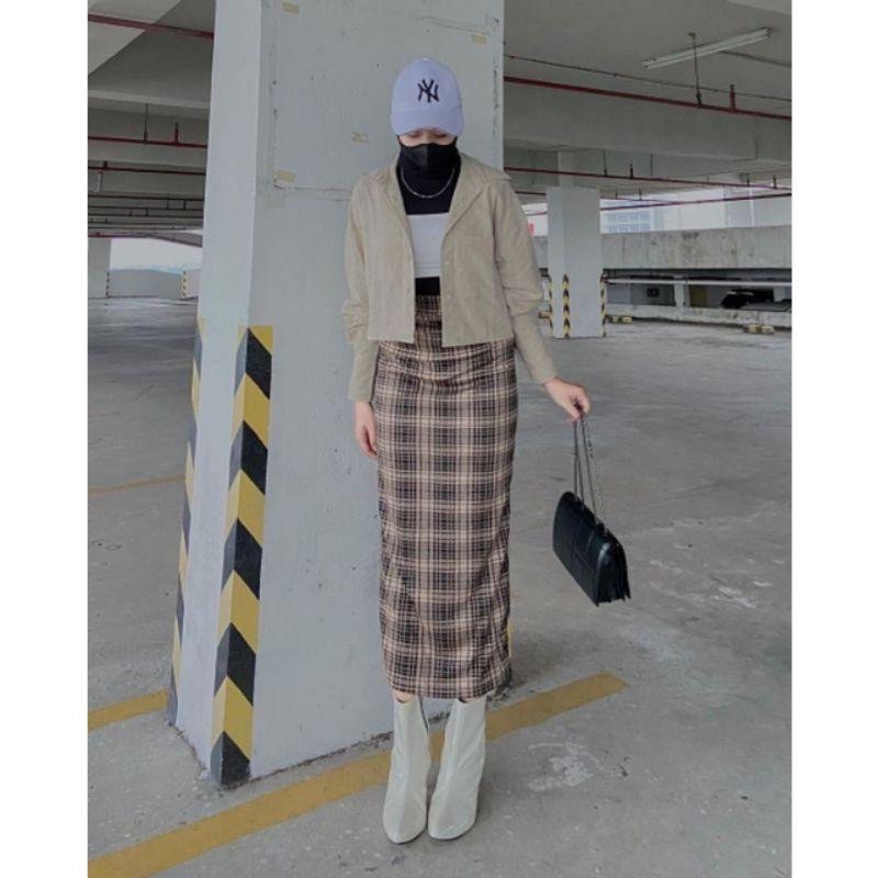 Korean STYLE TARTAN SPAN Skirt KOREAN STYLE Long Plaid Skirt