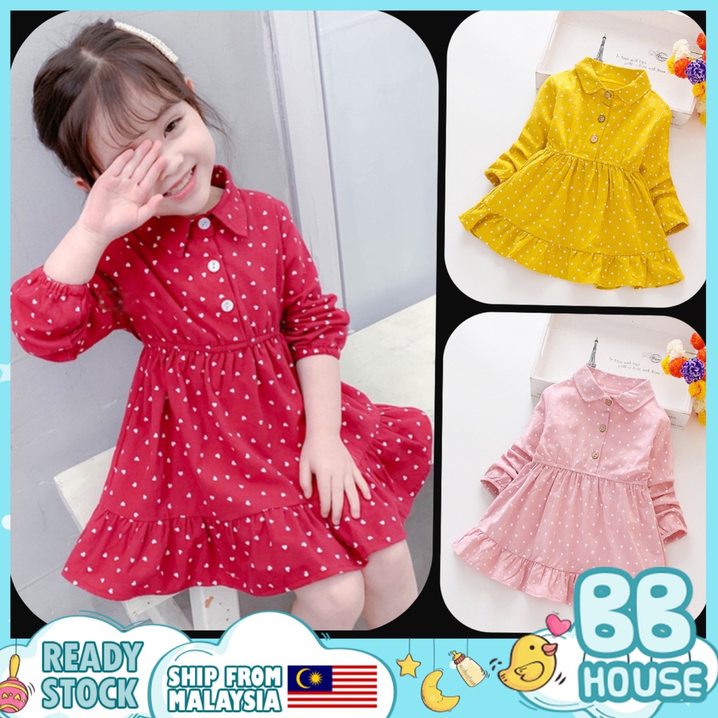 Korean Fashion Style Design Girl Perempuan Budak Dress Skirt Gaun Kids Children Baby Cotton Love Long Sleeve Collar Red Shopee Malaysia