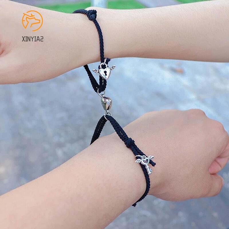 1 Pair of Simple Love Lock Key Magnetic Couple Bracelet Rubber Band  Friendship Bff Bracelet Head Rope Gift Accessories - X2