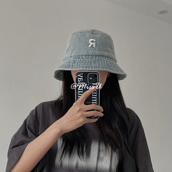 Korean Letter R Denim Bucket Hat Women Summer Sunshade Fisherman Hat