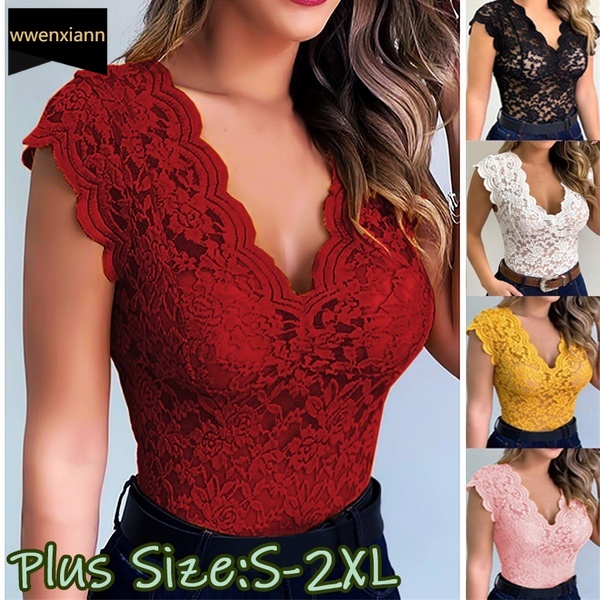 New Summer Fashion Women Shirt Sexy Lace Shirt See-through Casual Slim Fit  Tops Plus Size Short Sleeve Deep V-neck Temperament Shirt Size S-5XL