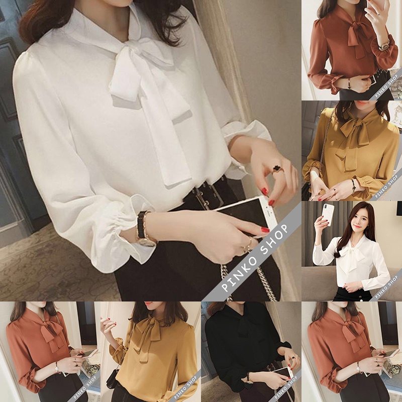 Chiffon Blouse S~4XL Size Women long sleeve shirt muslimah Baju blouse  wanita Pinko~1CSC0011 | Shopee Malaysia