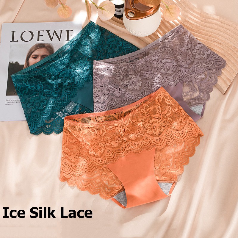 Seamless Ice Silk Lace Panties Mid-Waist Underwear Briefs Seluar Dalam  Wanita