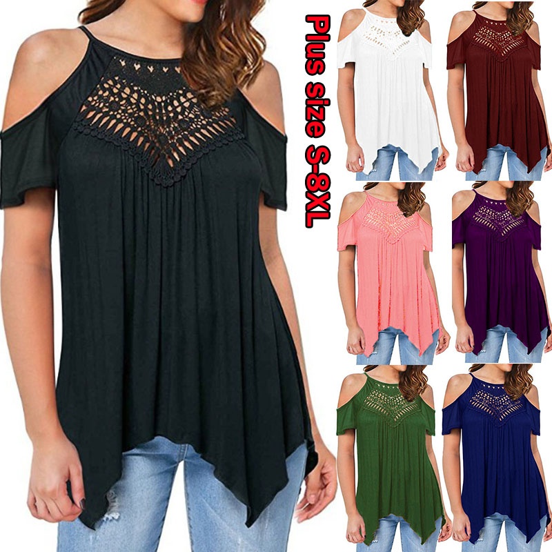 New Women Off Shoulder Short Sleeve T-shirts Lace Ruffle Plus Size Tops  Loose Soild Color Shirts Casual Spaghetti Strap Cotton Blouse Tunic Tops  Summer Camisole T Shirts