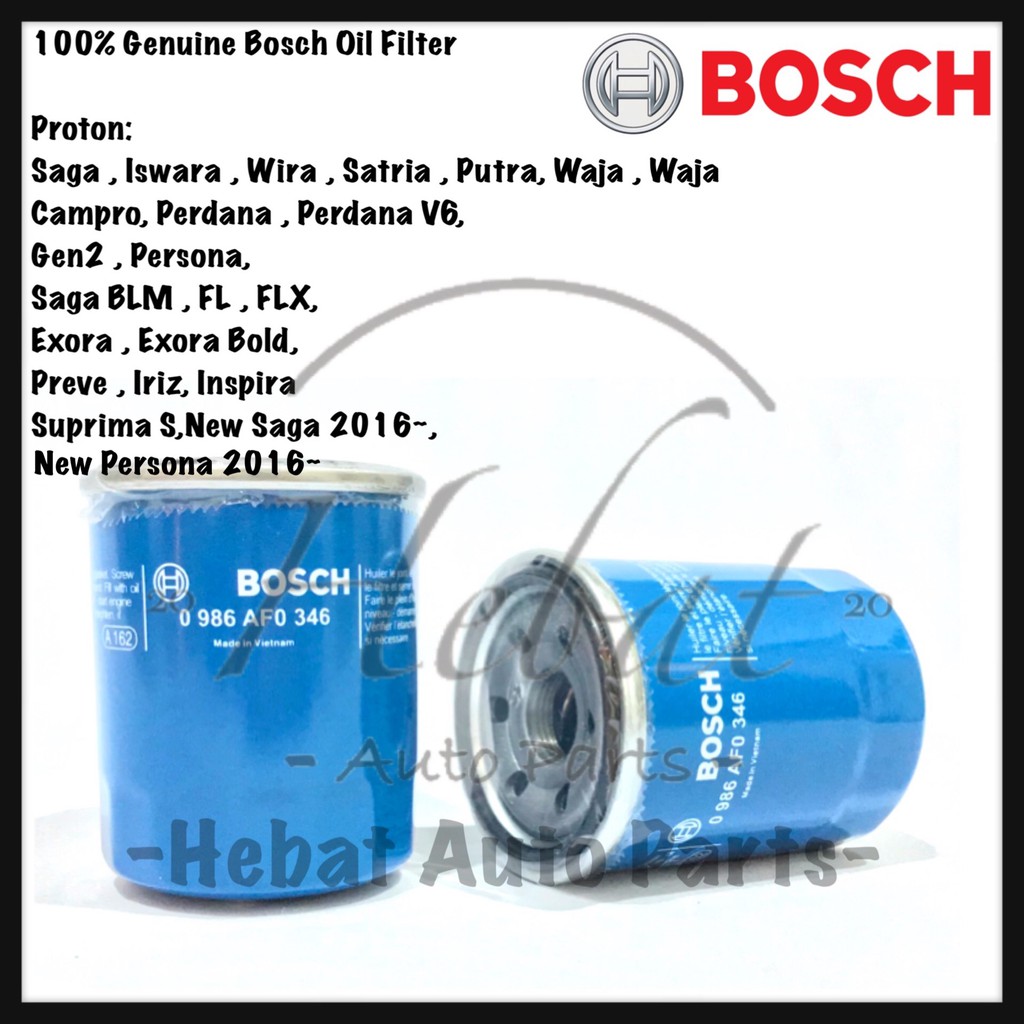 Bosch Oil Filter Proton Wira / Waja / Iswara / Saga / Gen2 / Persona / Exora  / Perdana / Preve / Iriz 0 986 AF0 346