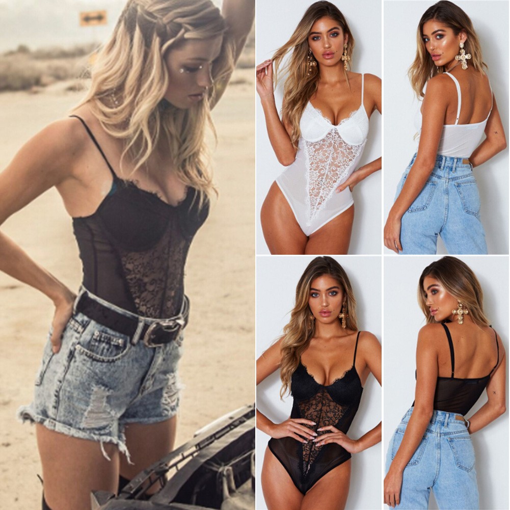 Fashion Sexy Lace Bodysuit Top Women Bodycon Jumpsuit Sheer Lace