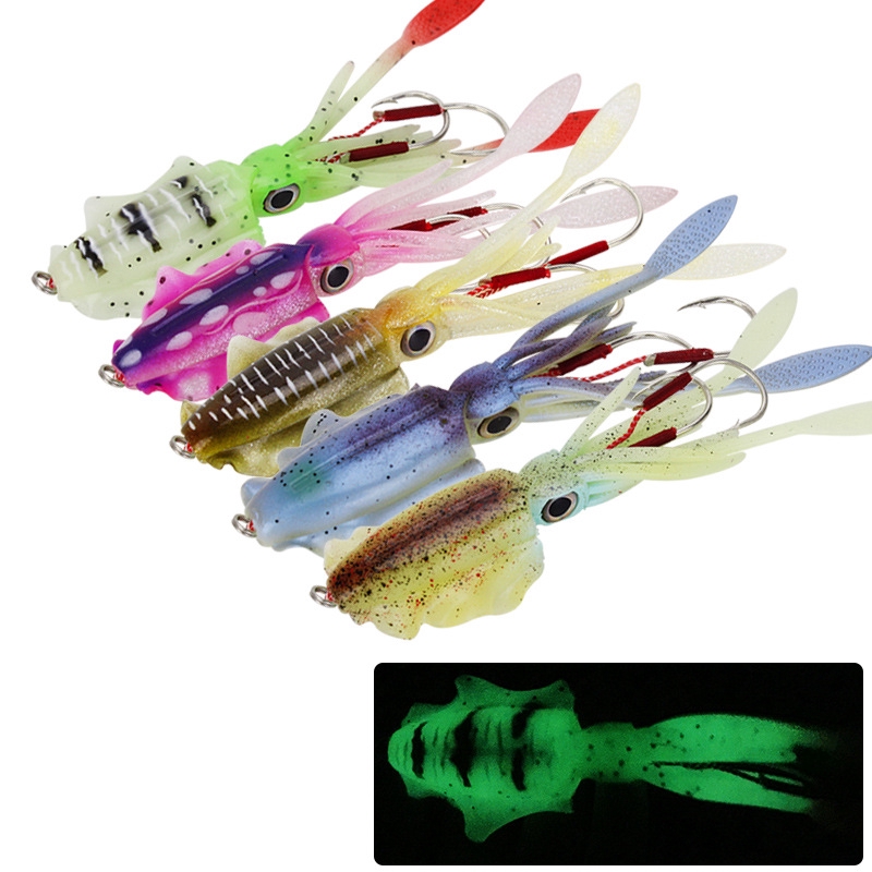 15CM 60G Squid Lures Saltwater Glow Luminous Squid Fishing Lures with Swimbait  Hooks Weighted Hooks