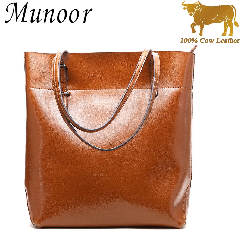 Munoor 100 Genuine Cow Leather Women Bag Fashionable Tote Bags Women Handbags Casual Office Shoulder Bags Vertical Type