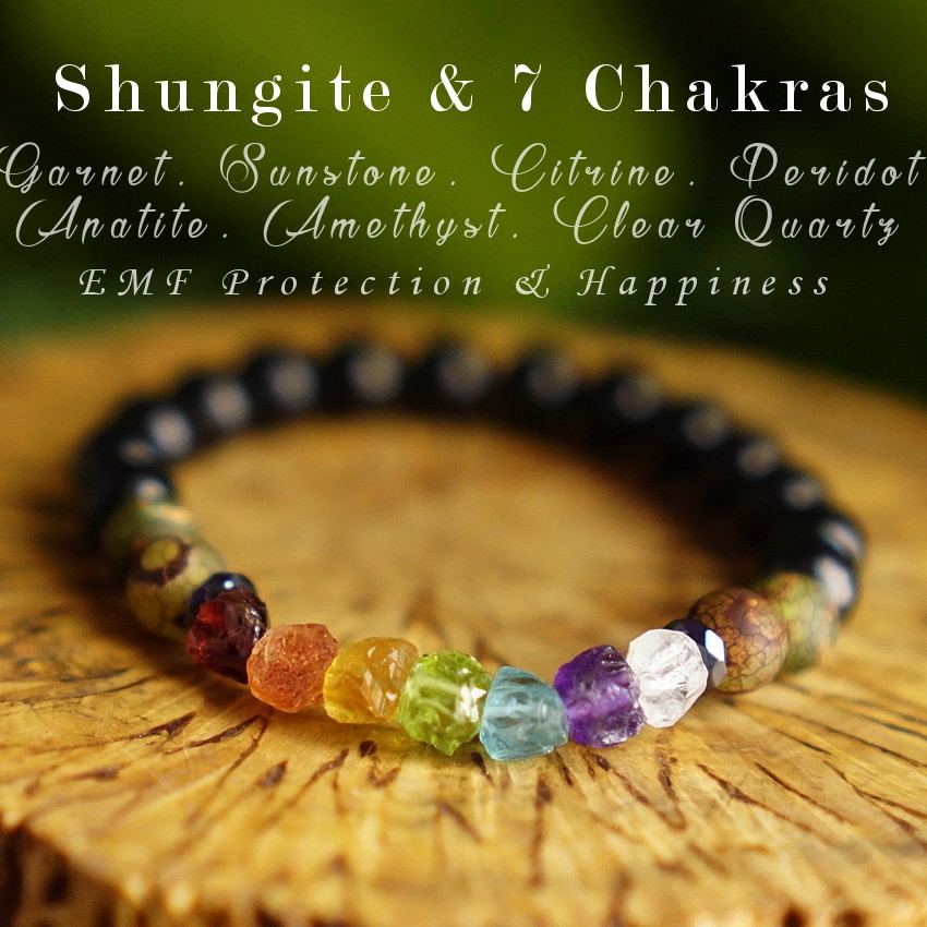 Shungite Bead & 7 Chakra Stones Bracelet 8mm, Genuine Gemstone