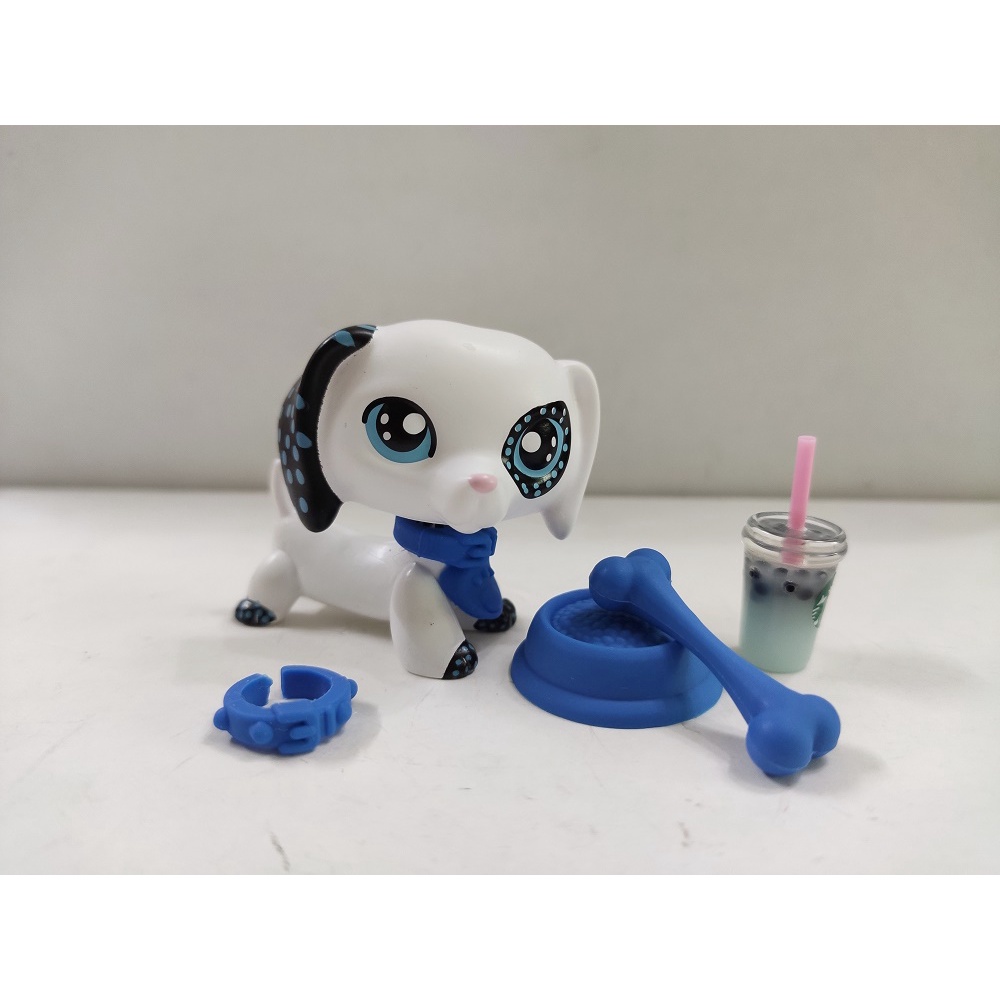 LPS Toys Rare Pet Shop Custom OOAK White Dachshund Dog Blue Dot Ear W Accessories Figure