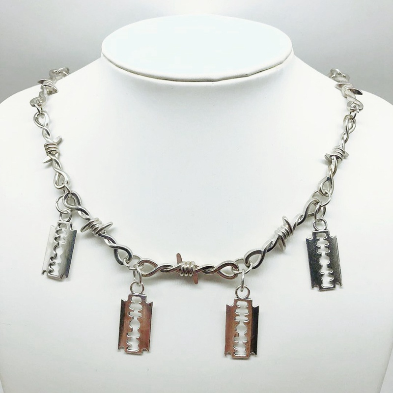Punk Rock Emo Goth Silver Barbed Wire Chain Necklace & Padlock Pendant  - 18 1/2"