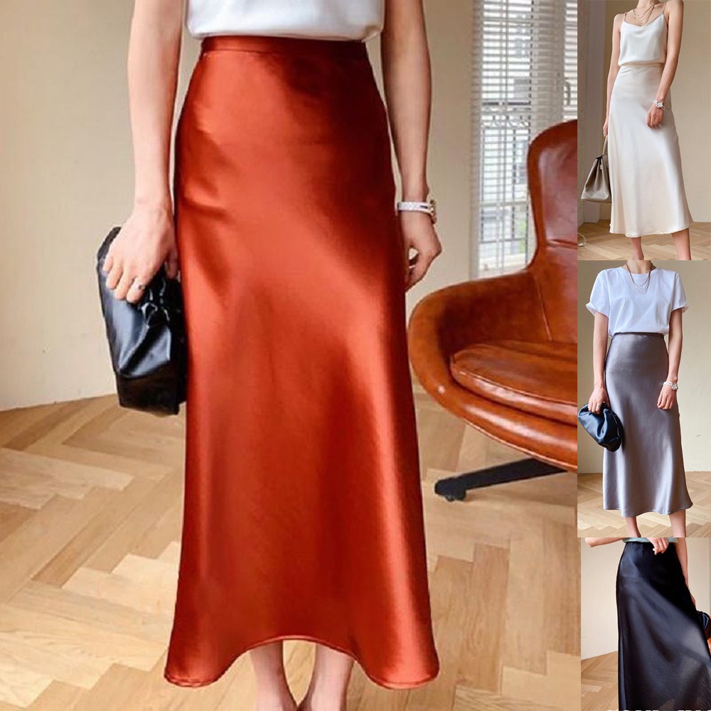 Ready Stock]2021 Satin skirt women A line retro Long skirt labuh