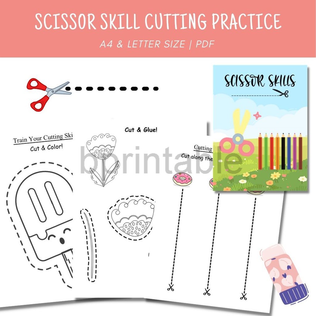 Scissor Practice Skills Activity Worksheets / Preschool Toddler Beginner /  Lines Shapes / 8.5x11 & A4 Sizes Included / DIGITAL DOWNLOAD PDF 