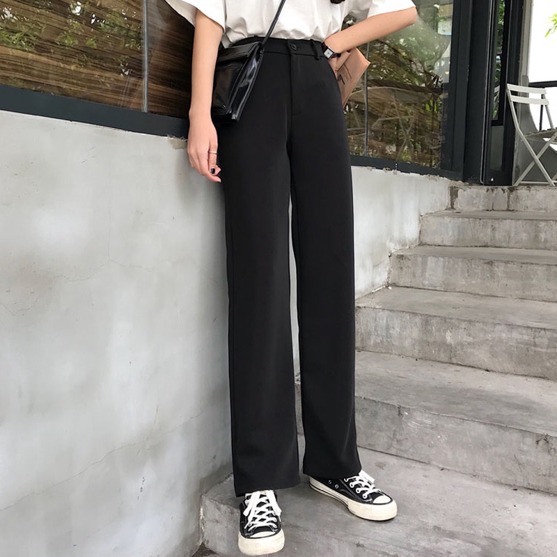 ready stock Women Black Full Length Wide Leg Pants Spring Female Straight Casual  Trousers Office Lady