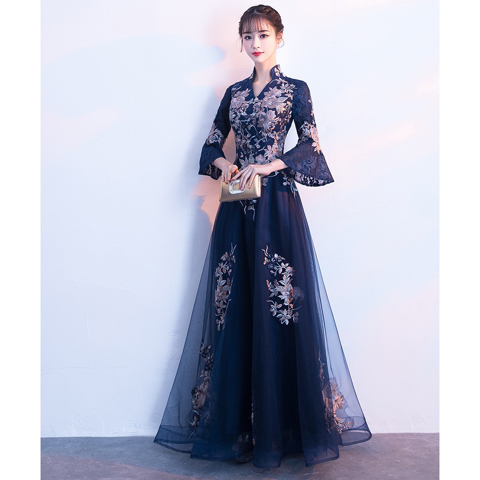 Elegant Embroidery Trumpet Sleeve Long Formal Maxi Wedding Party