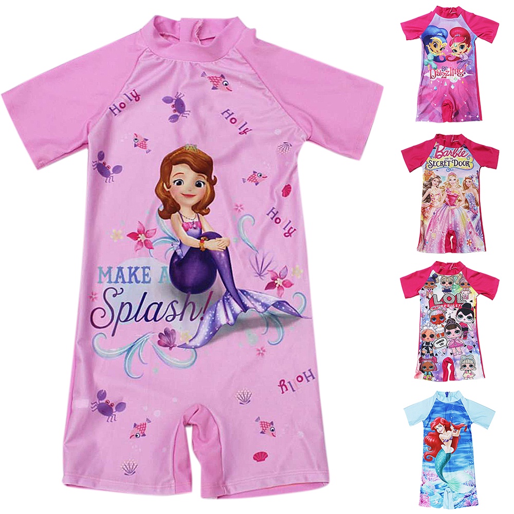 Swimsuit Kids Girl One Piece Swimming Suit Baby Girl Swimwear Baju Mandi  Baju Renang Short Sleeve Suit Zipper Cartoon Unicorn