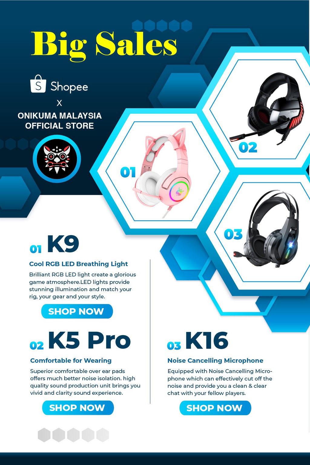 Onikuma Gaming Headphone Headset For K5 Pro LED Light Noise Cancellation  Blue