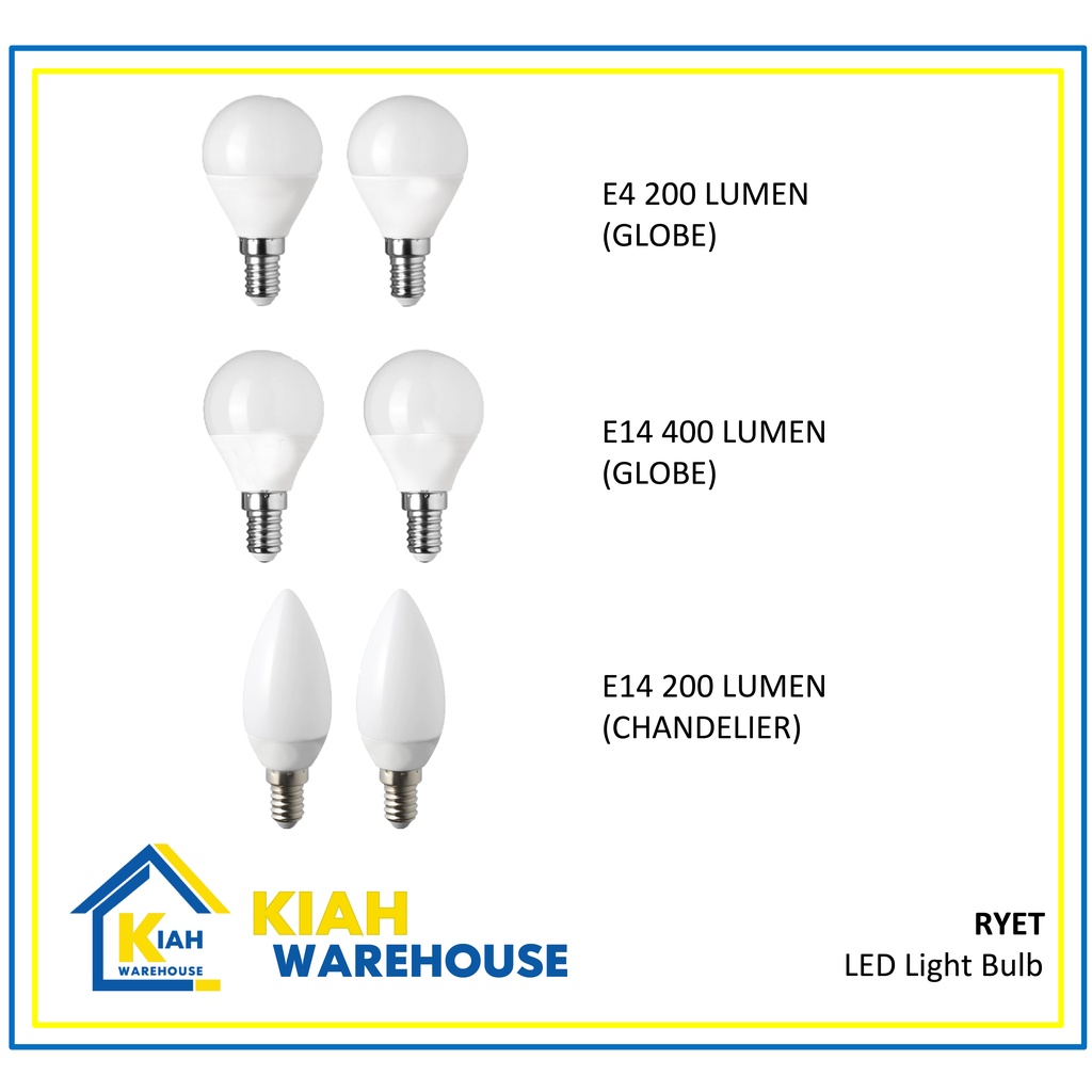 RYET LED Light Bulbs E14 200 400 600 lumen 5000k Globe Opal White Ready Stock Malaysia