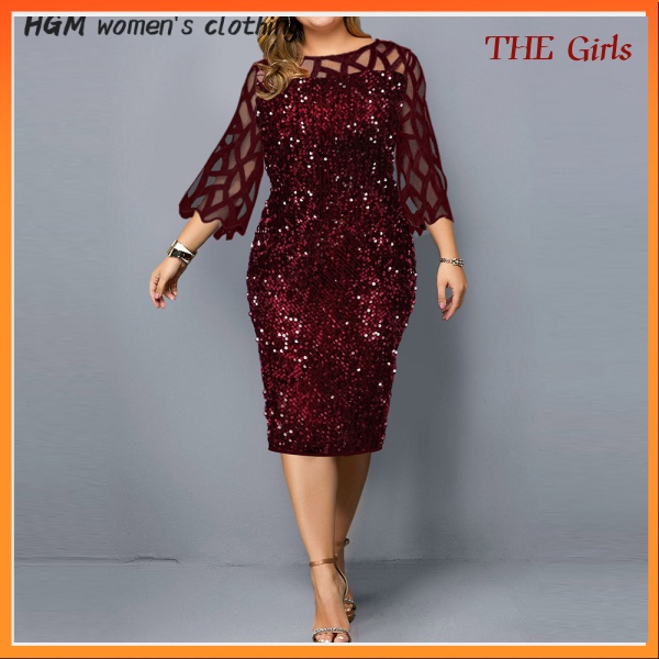 Party Dress Plus Size Ladies Midi Sequined Mesh Long-Sleeved Lace Elegant  Tight XL-4XL 5XL Evening Female Summer