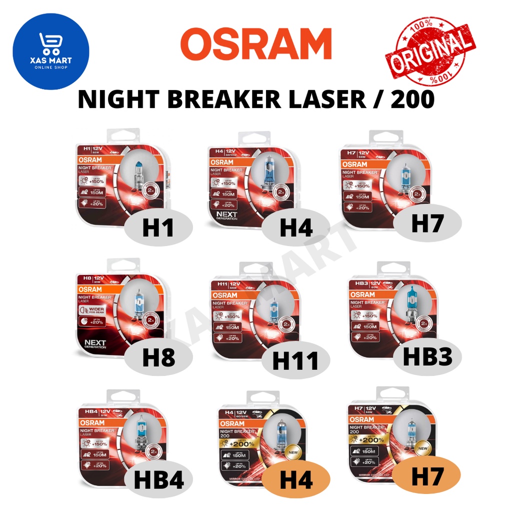 Genuine Osram Night Breaker Laser (+150% Brightness) / 200 (+200%  Brightness) Set (2 pcs) H1 H3 H4 H7 H8 H11 HB3 HB4