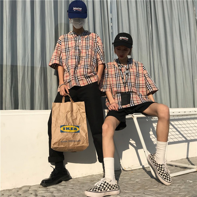 Burberry Style men Women couple retro Plaid POLO Short Sleeves