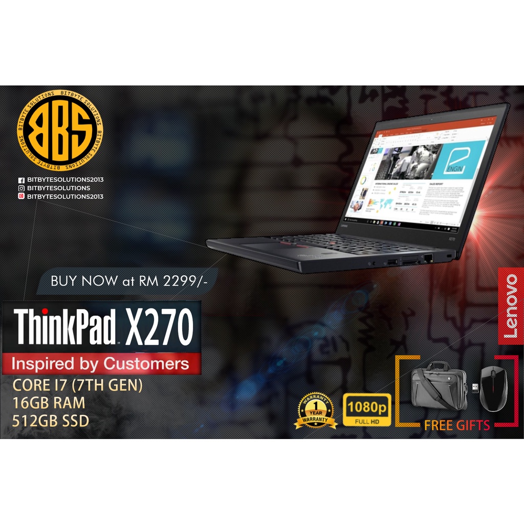 Lenovo Thinkpad X270 Core i7-7th Gen - 16GB RAM - 512GB SSD Dual