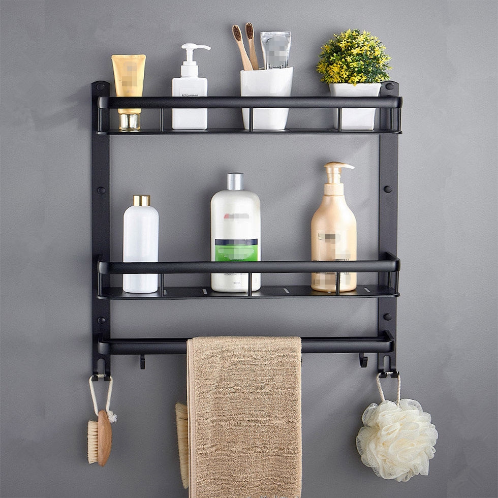 Wall Mount Black Aluminum Bathroom Shelf Shower Caddy Bath Rack with Bar  and Hook for Towel