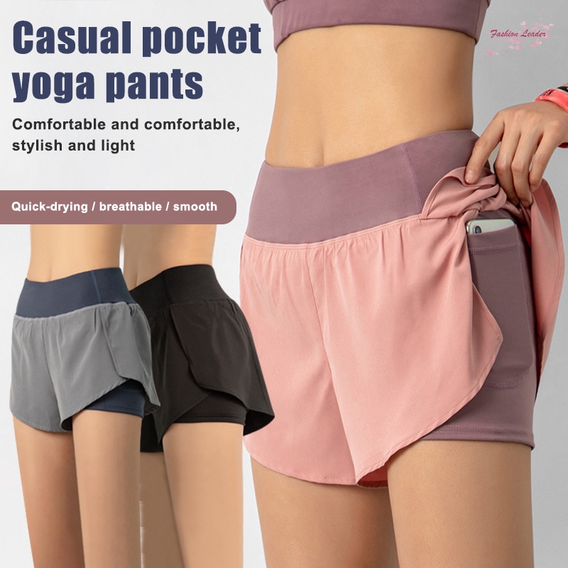 ❤FL❤ Women Sport Running Shorts Quick Dry High Elasticity Double Layer Yoga  Shorts with Phone Pocket for Fitness Training Jogging Elastic Waist Short  Pant