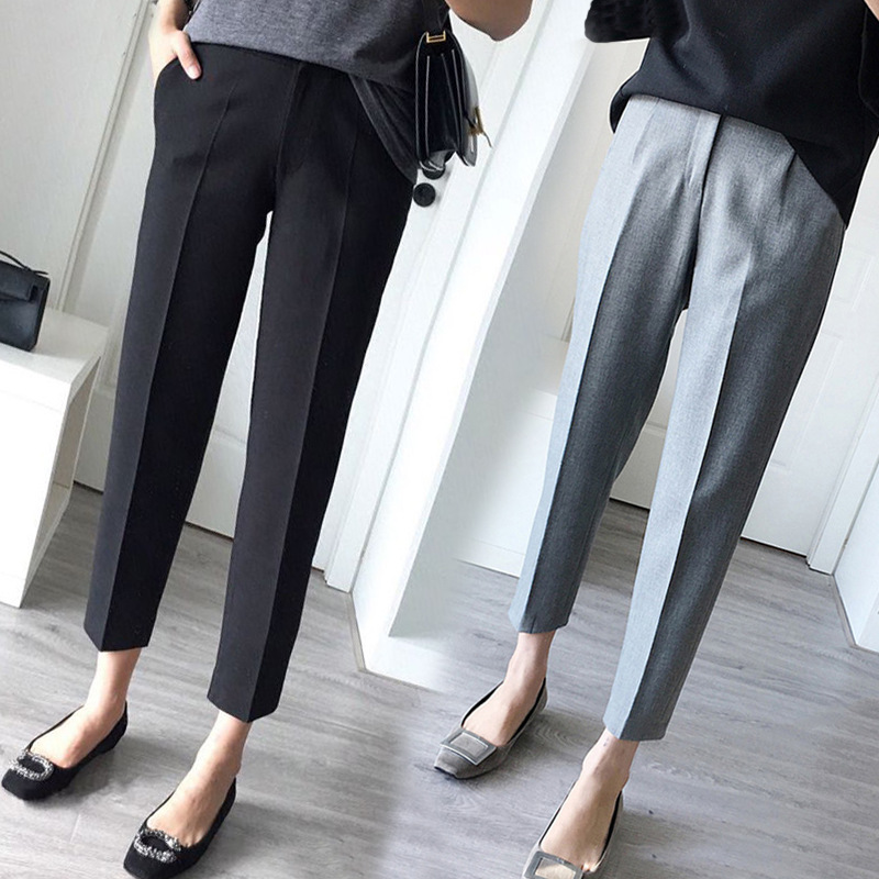 Casual pants Women Ankle Length Plain Straight pants High Waist Elastic  waist Plus size pants