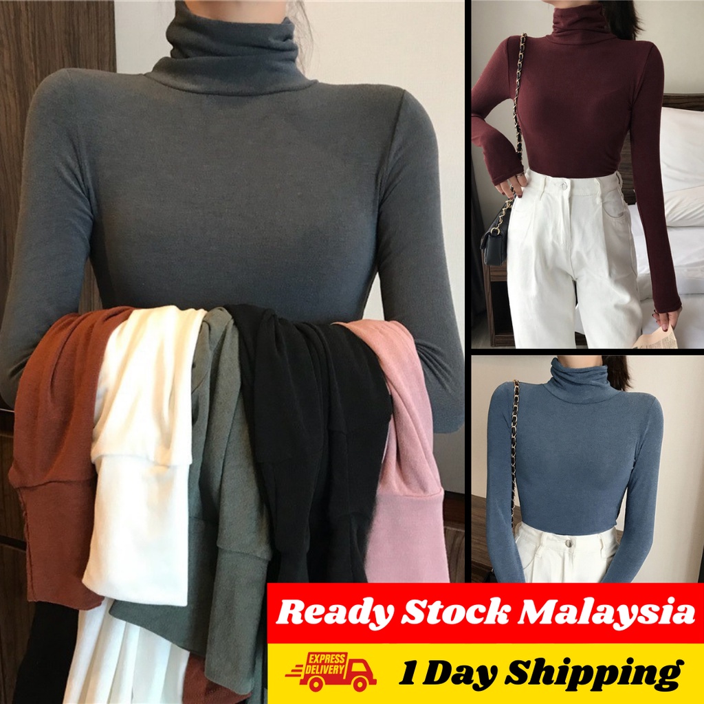 High Neck Women Long Sleeve Casual Solid Color Shirt Turtle High Neck  Muslimah style Baju High Neck shirt