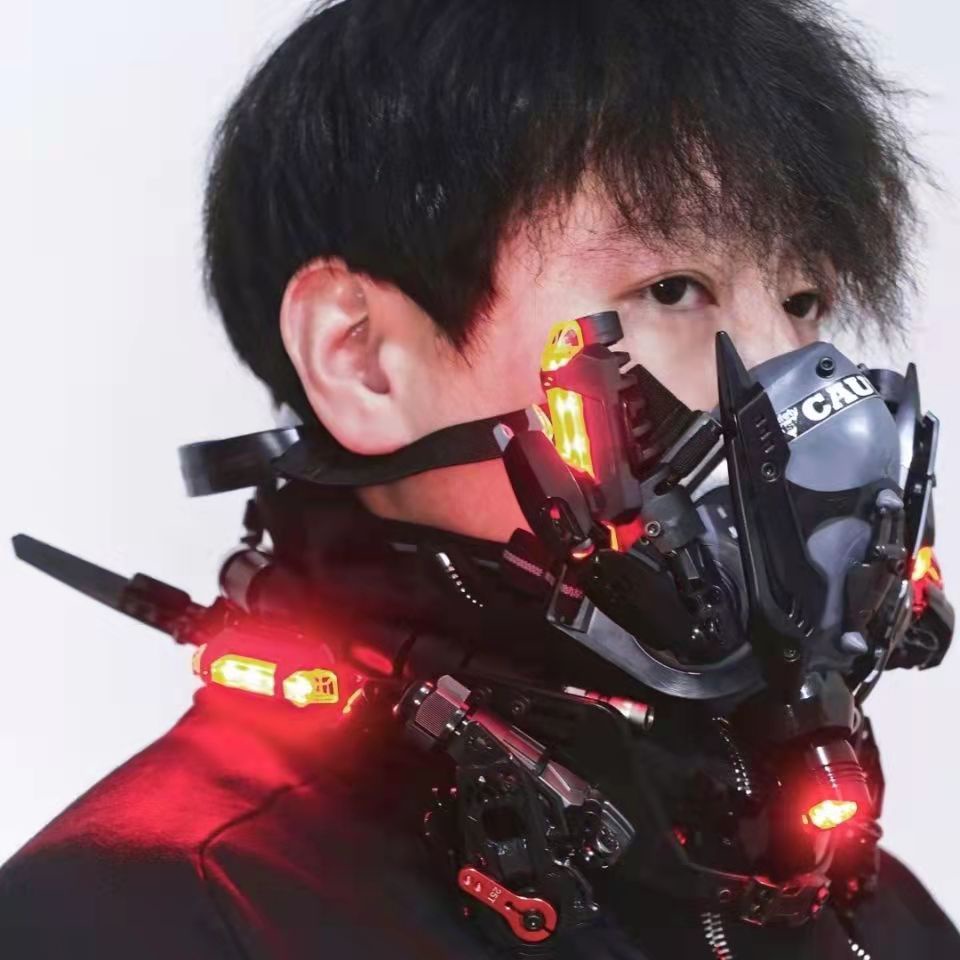 Cyberpunk Mask Ring LED Light Cosplay Mecha Wings Halloween Party Festival  Props