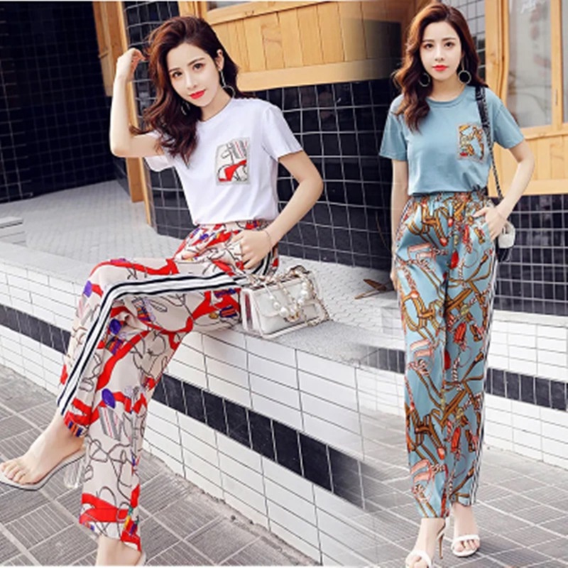 Fashion Women Casual Set Wear Tshirt Pant Set Summer T-shirt + Korean  Printing Loose Wide Leg Pants Two Piece Sports Suit