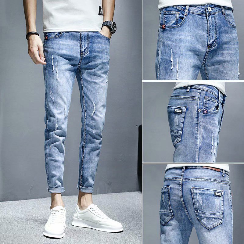 Summer men's jeans skinny jeans ripped blue slim-fit cat scratch