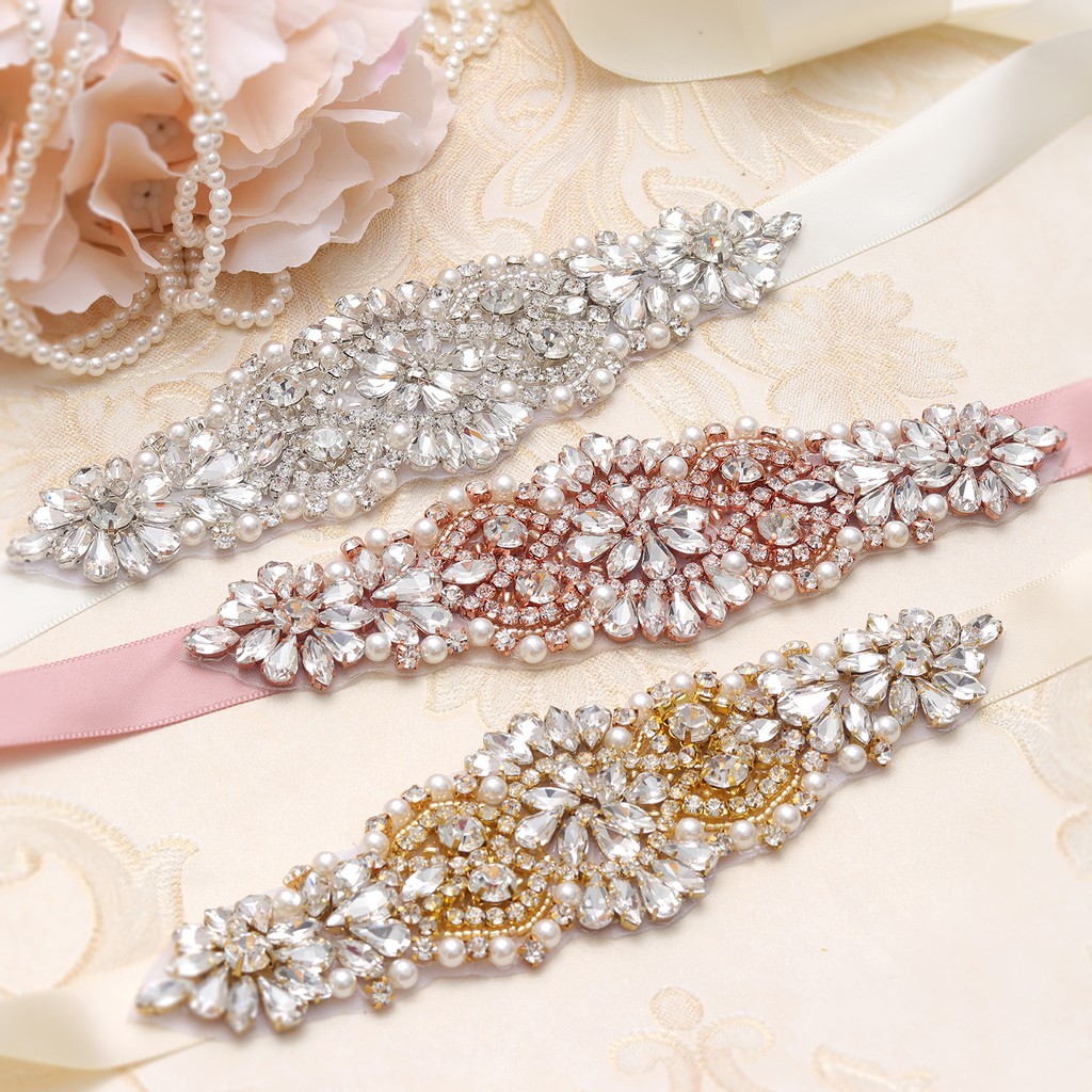 Diamante & Pearl Embellished Satin Ribbon Bridal Belt in White