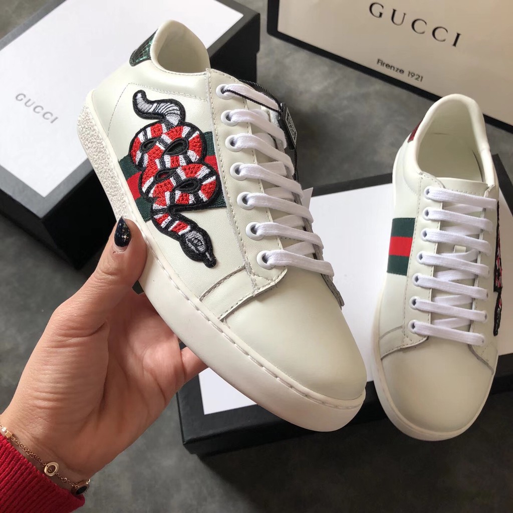 GUCCI Little Bee Embroidered Dog s White Shoes Women Men Shoes