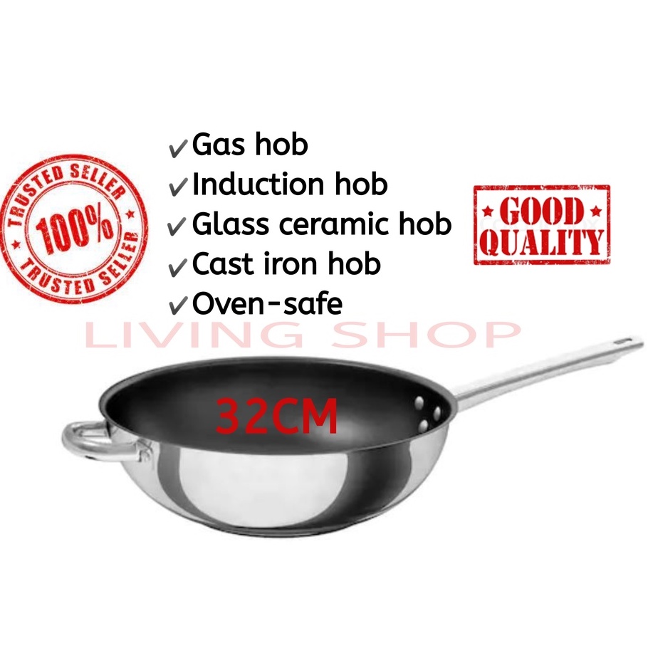 IKEA 365+ High Quality Stainless Steel Non-Stick Cooking Stir Fry Fried  Deep Pan Rice Wok Kuali Periuk Besar Goreng-32cm