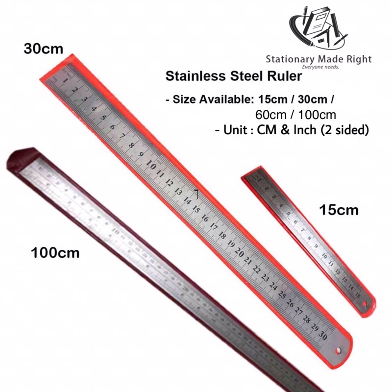 Steel Ruler / Stainless Steel Ruler / Pembaris Besi / Metal Ruler 15cm /  30cm / 60cm / 100cm / 6 / 12 / 24 /40 inch