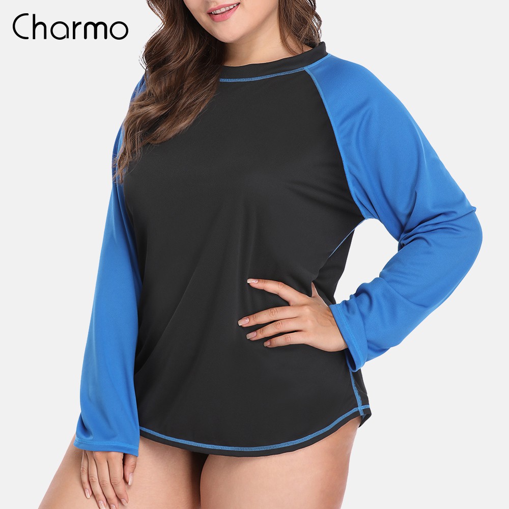 Charmo Women Long Rashguard Swimsuit Shirts UPF 50+ Womens Plus Size  Swimwear UV-Protection Rash Guard Beach Wear