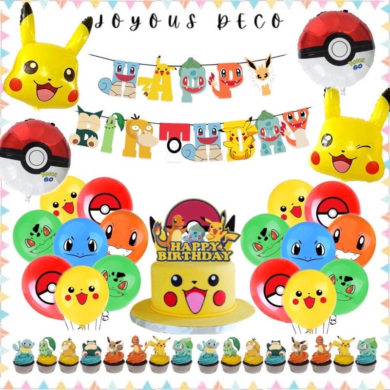 P0kémon Go Pikachu Theme Balloons Birthday Party Decors Banner Cake Toppers  Set