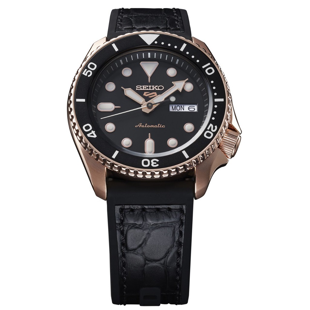 NEW SEIKO 5 Sports SRPD76K1 ROSE GOLD Black Leather Automatic Mens