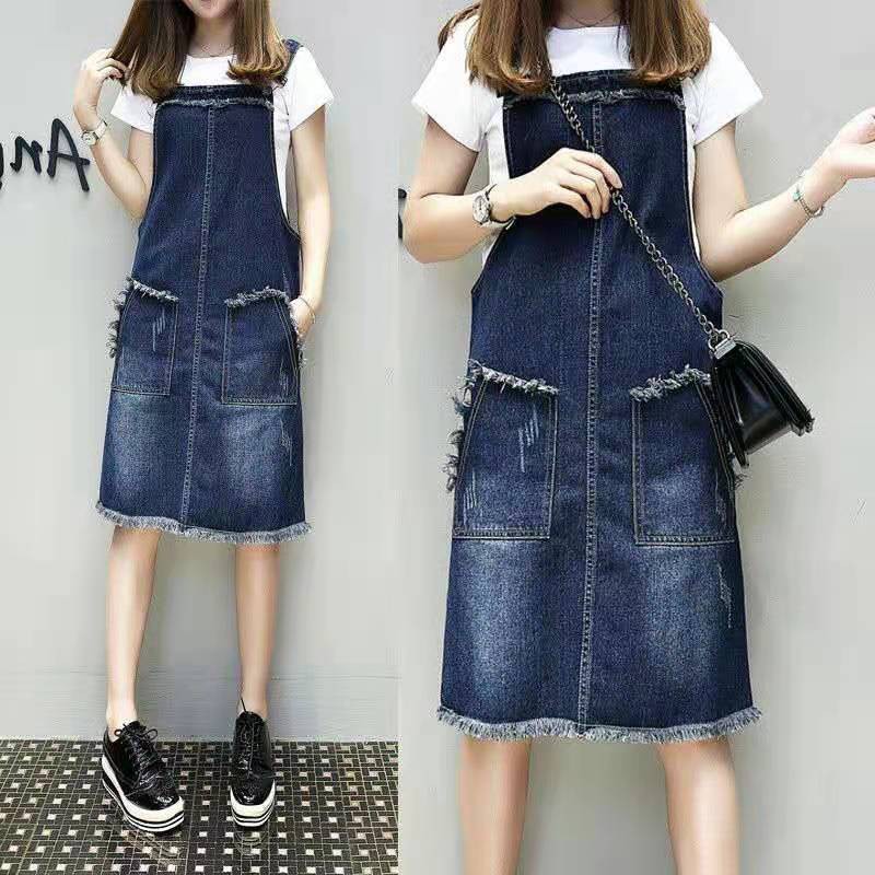 Plus Size Dark Blue Pockets Midi Denim Dungaree Dress – Pluspreorder