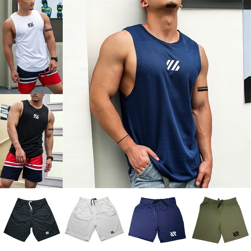 Men Sport Sets Tops Shorts Sleeveless Quick Dry Elastic Tank