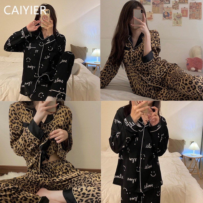 V Neck Nightwear Sleep Set Pajamas Ice Silk Printing Long Sleeve Homewear  Sleepwear Shirt Pant Outside 2Pcs Loose Homewear