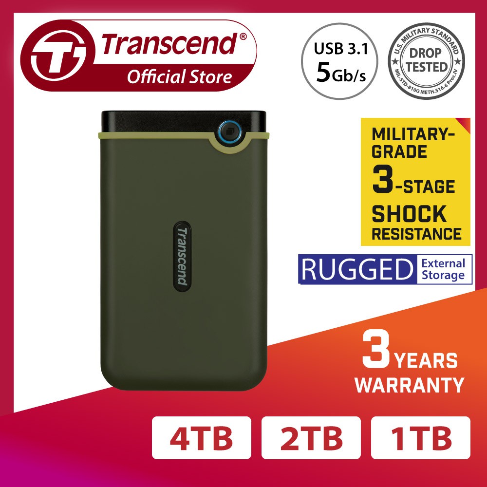 Transcend Storejet 25M3 External HDD USB 3.1 Rugged (1TB/2TB/4TB), Military  Green / Iron Gray