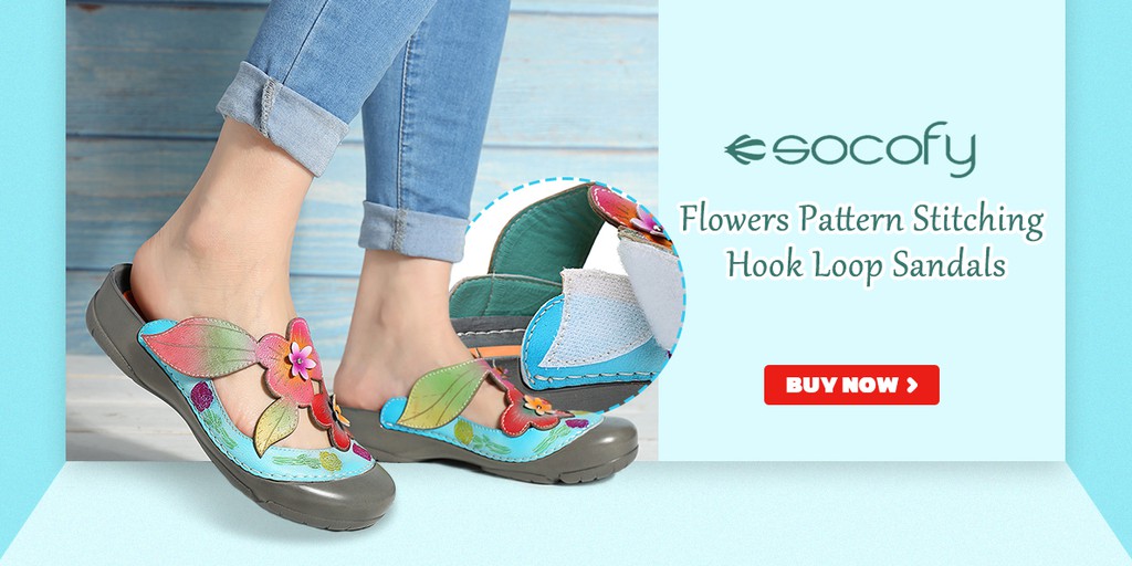 Socofy vintage floral genuine leather splicing colored cheap band stitching hook loop flat shoes