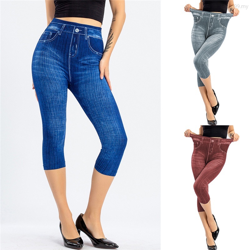 Fashion Women s Casual Imitation Jeans Nine point Stretch Leggings